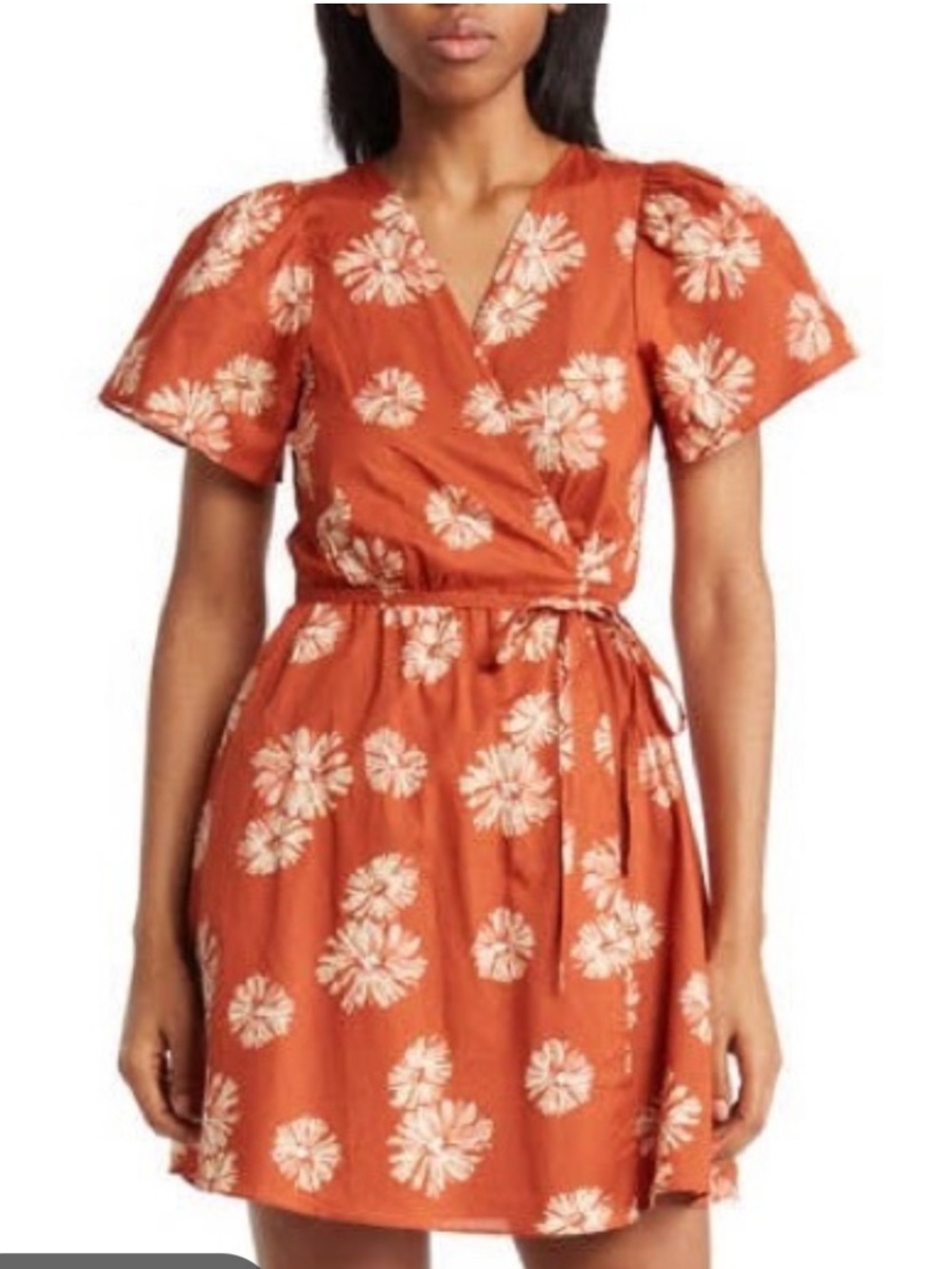 Madewell Rust Floral Wrap Mini Dress with Cream Blooms